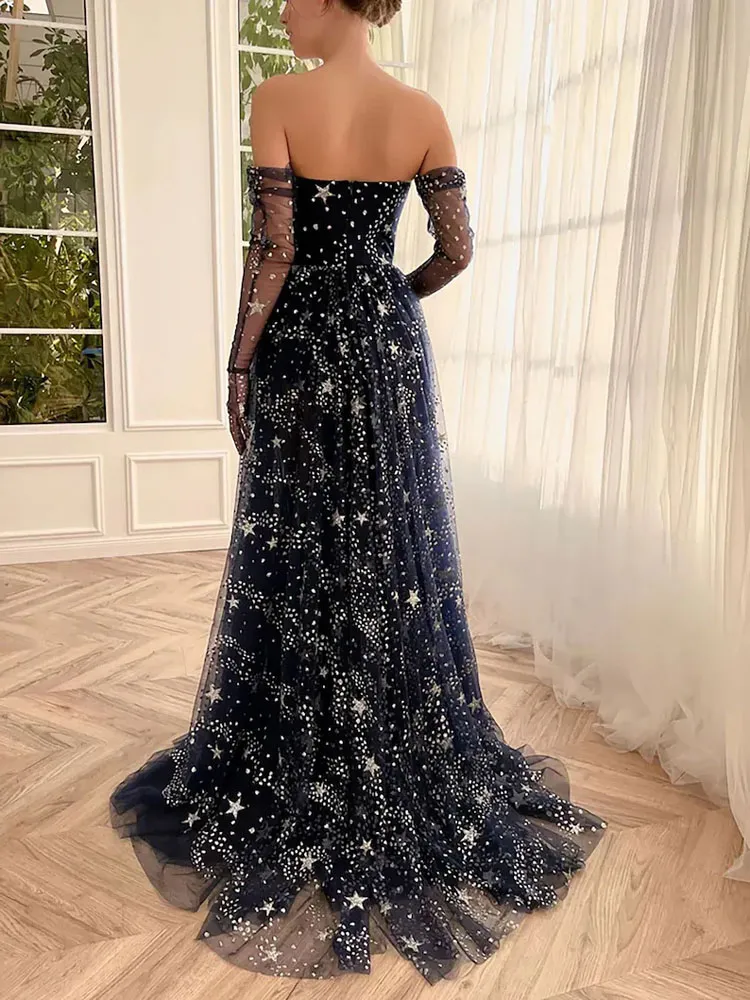 midnight blue dress with stars Navy Blue Gown With Stars – Dreamydresshouse