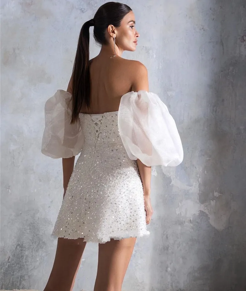 knee length dresses for ladies Short Wedding Dress with Puff Sleeves Bridal Reception Sparkly Mini  Boom  Blush