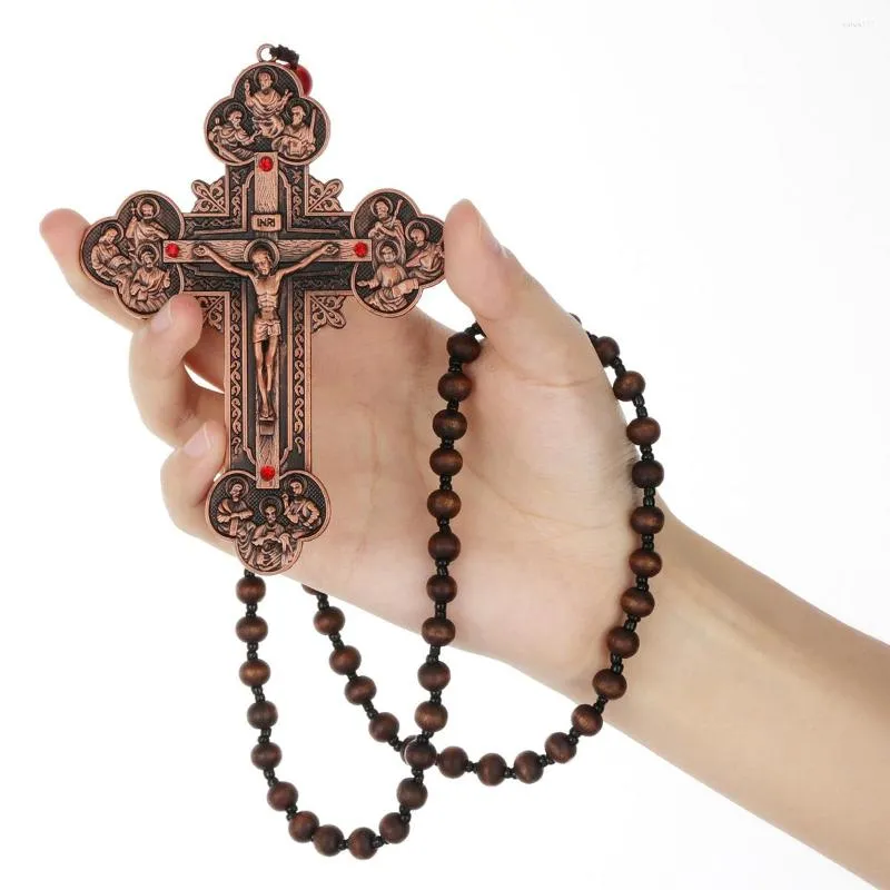 Anhänger Halsketten Diyalo Katholisches Metall Kruzifix Jesus Christus Kreuz Halskette Holz Rosenkranz Perlen Kette Frauen Männer Schmuck Geschenk