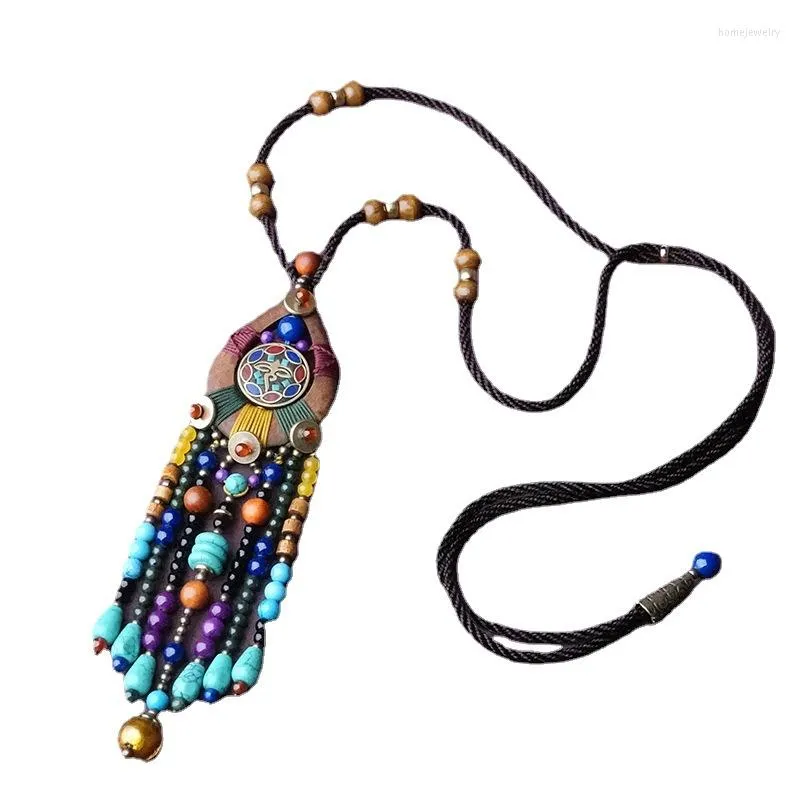 Подвесные ожерелья женщины дерево Раджа Кайю Агат Ювелирные украшения Этнический длинный свитер Природные камни камни ожерелье Тибетское непальное бирюзовое кисточка