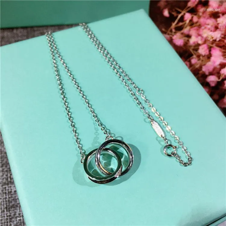 Pendant Necklaces Pure 925 Sterling Silver Chain Necklace Trendy 3 Colors Romantic Women Bijoux Simple Designer Double Circles Intertwined