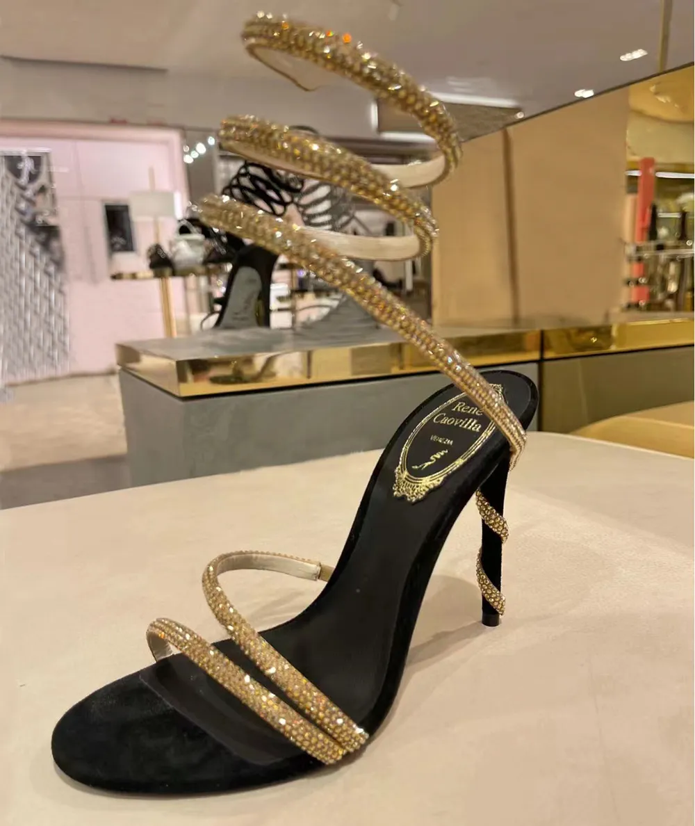 Rene caovilla Snake tacco a spillo Sandali con tacco Scarpe da sera Chandelier Sandali con cristalli impreziositi da donna con tacco alto Designer di lusso Scarpa avvolgente alla caviglia