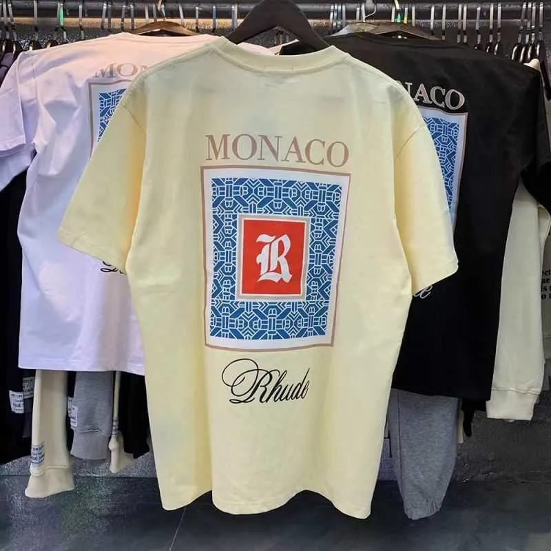 23SS Moda Markası Rhude American Ins High Street Gevşek Baskı Erkekler ve Kadınlar Saf Pamuk Yuvarlak Boyun Kısa Kollu T-Shirt Yaz