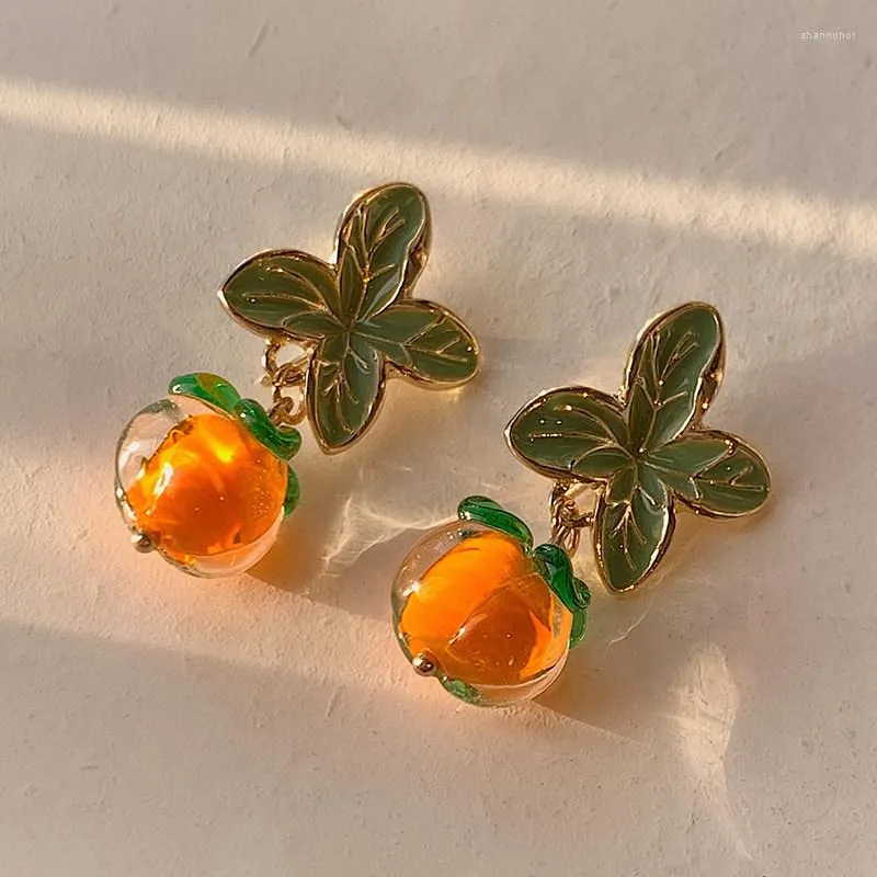 Stud Earrings Sweet Cute Persimmon Fruit For Woman Girls Fashion Statement Leaf Pearl Orange Dangle Wedding Party Jewelry Gifts