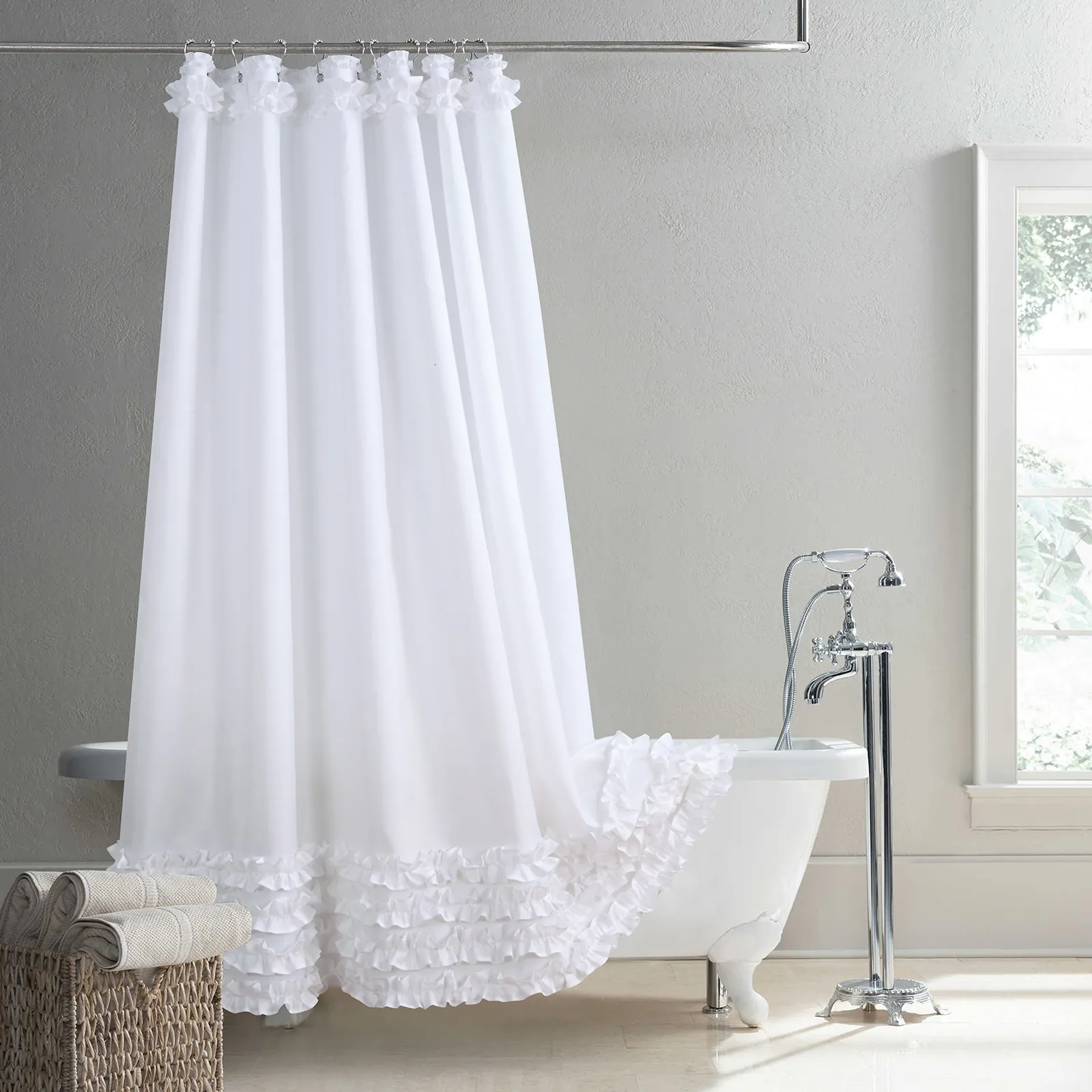 Shower Curtains Ruffled White Modern Polyester Waterproof Fabric Solid Decoratived Farmhouse Shower Curtain 230322
