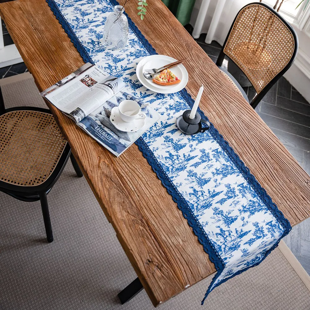 테이블 러너 테이블 러너 네이비 블루 인쇄 테이블 러너 간단한 우아한 시골 웨딩 장식 식탁 홈 섬유 33x180cm 230322