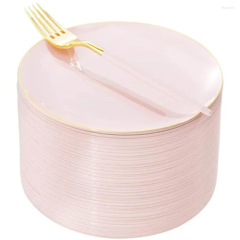 Wegwerplatwerk 20-delige tabelgerei Premium roze plastic dessertplaat met vork geschikt voor bruidsdouche en feest