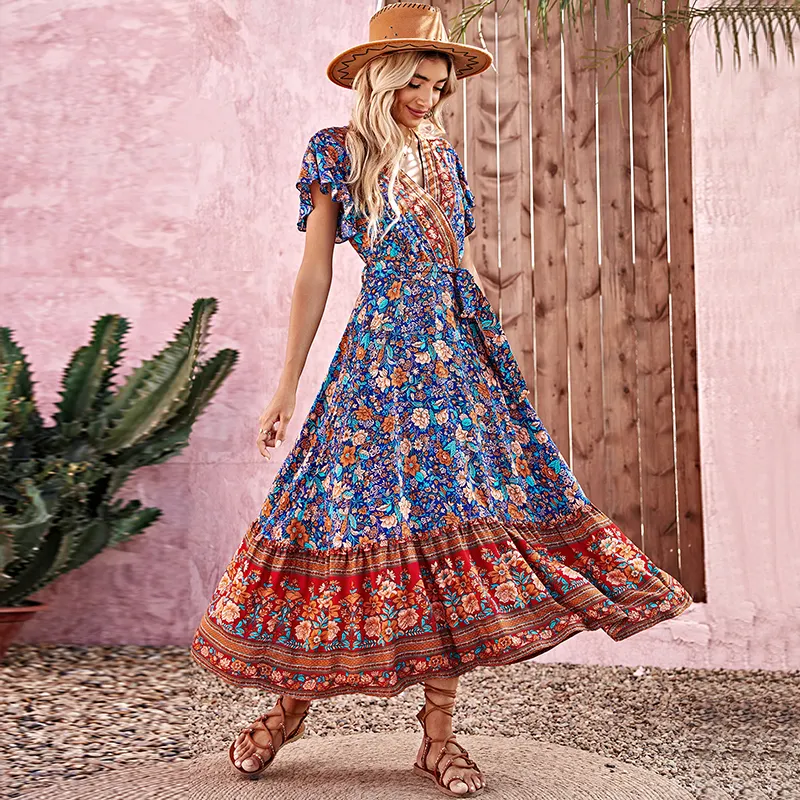 Casual Dresses Summer Beach Floral Print Dress For Women Bohemian Elegant Ladies V-ringen Kort ärm Kvinnlig Robe Boho Hippie Maxi Dresses 230322