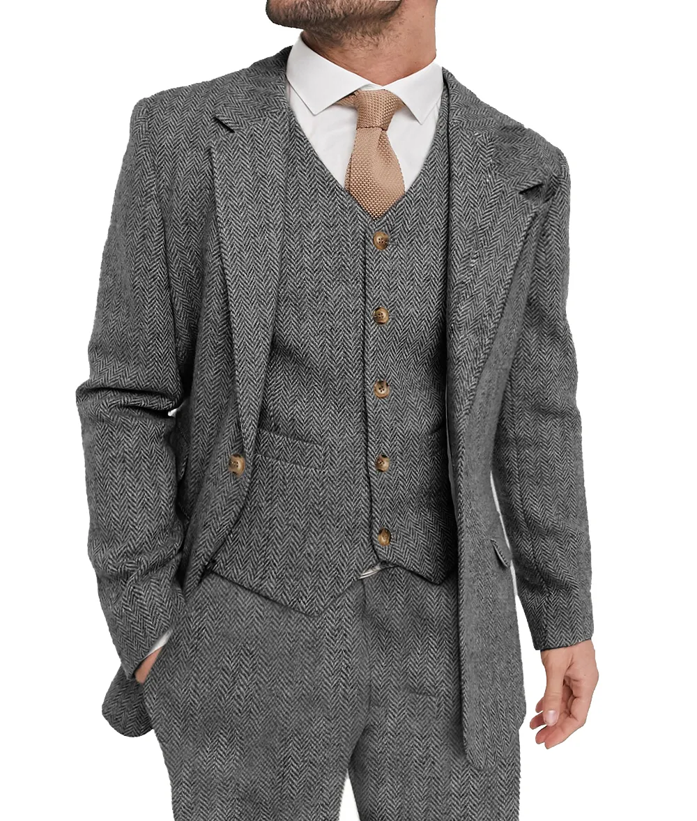 Ternos masculinos Blazers Mens terno cinza 3 peças Terno de qualidade de lã de lã de tweed no casamento de groomsmen shaiw com lapela smokings slim fit blazerpantsvest 230322