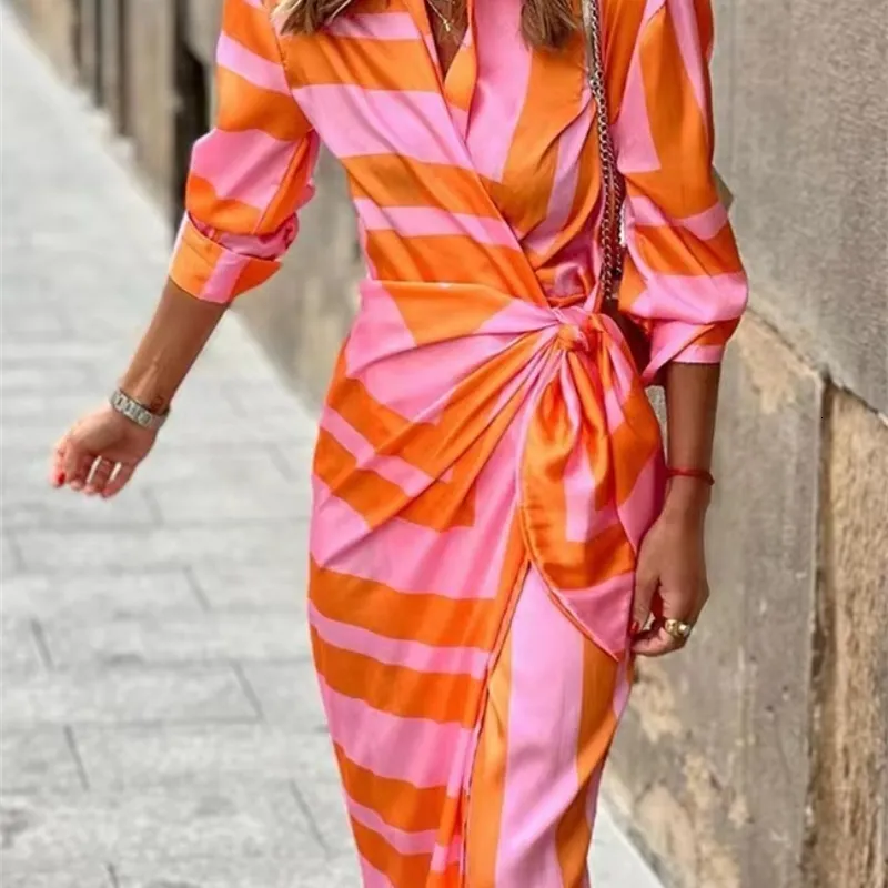 Casual Dresses Spring Summer Fashion Print Dress Blus Neck Tie Mid Length Randed Kirt Bekväma Street Women S Wear Robe 230321