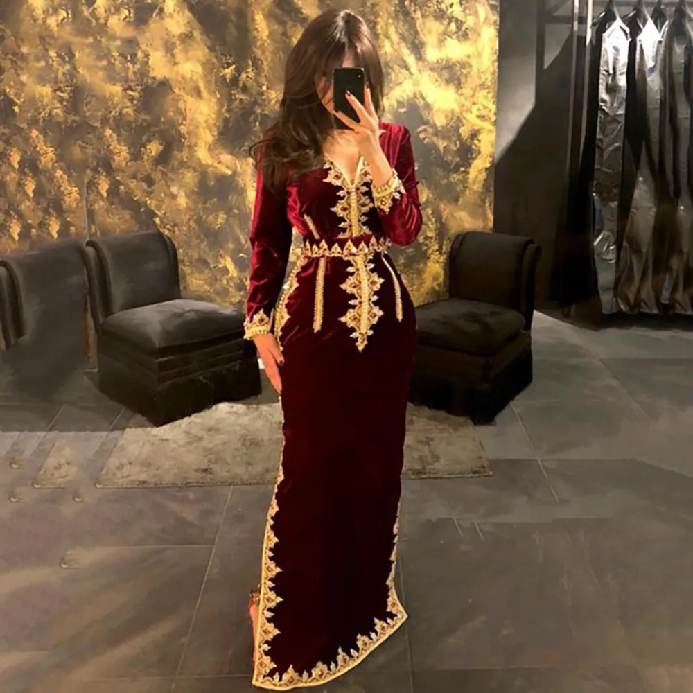 Party Dresses 14448#IENA Mermaid Formal Evening Dresses Moroccan Kaftan Velvet Long Sleeves Muslim Bride Gown Algerian Vestidos De Fiesta 230322