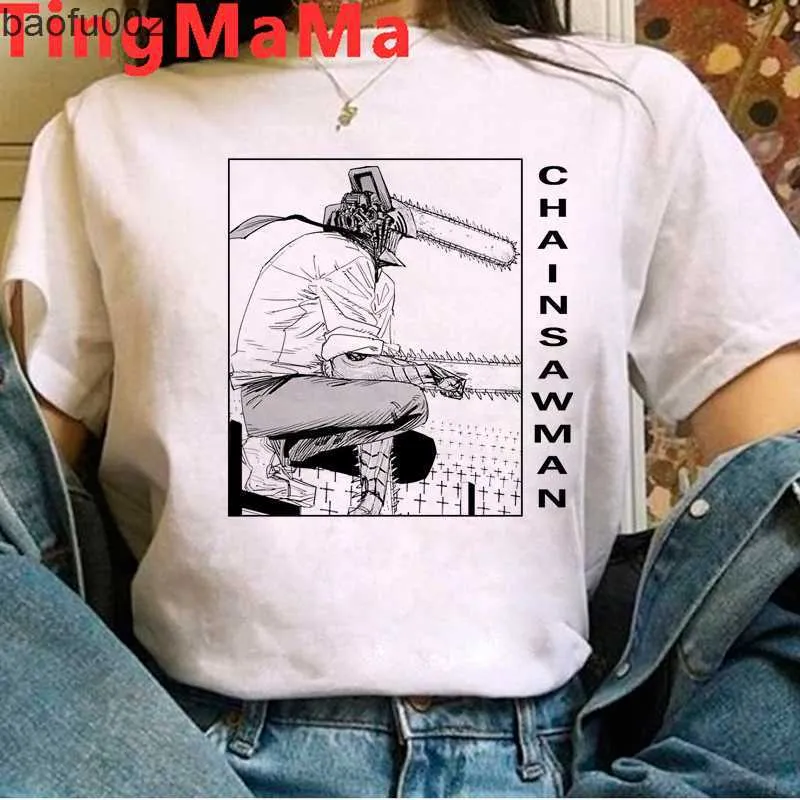 القمصان للرجال منشار مان Pochita Makima Top Tees Male Vintage 2021 Print T-Shirt Summer Top White T Shirt W0322