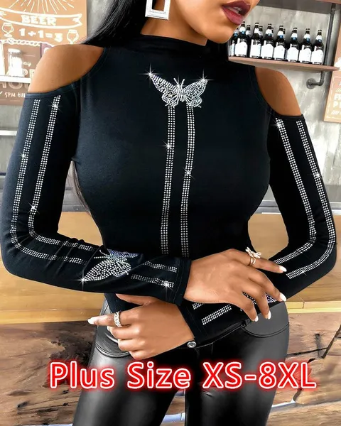 Femmes TShirt Mode Sexy Diamants Tsh Femme Épaule Froide Mince Motif Clouté Tops Lâche Chemise 230321