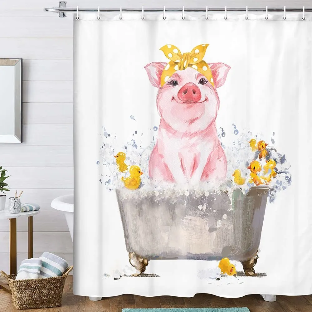 Shower Curtains Funny Farm Pig In Bathtub Shower Curtain Cute Rustic Pig Is Taking Bath Farmhouse Bathroom Decor Kids Cartoon Shower Curtains 230322