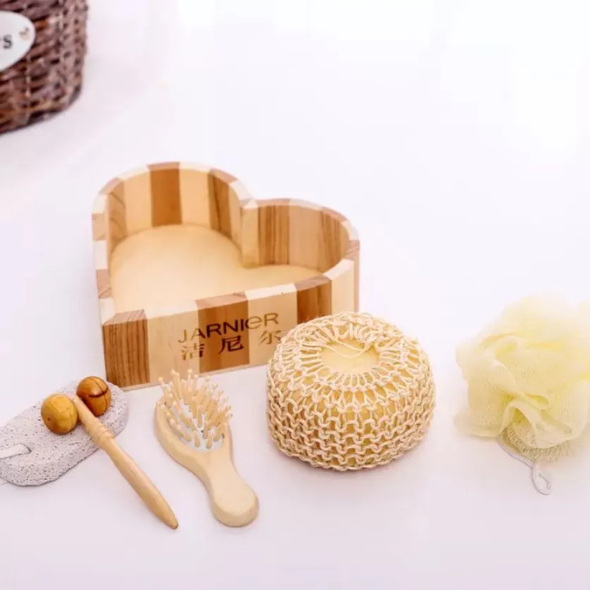 6st-reklamträ hjärtformad presentförpackning Badtillbehör Sisal Sponge/ Comb Wood/ Massage Brush/ Spa/ Bath Gift RRA