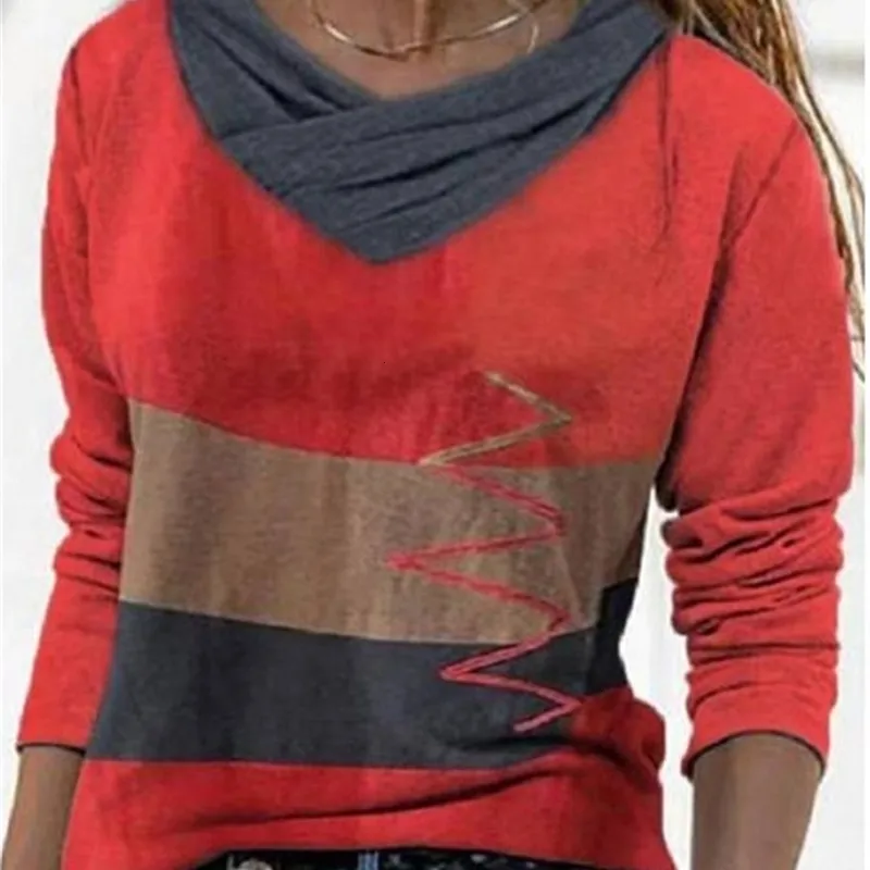 Frauen T Shirt Frauen V-ausschnitt Kontrast Farbe Unregelmäßige Nähte Streifen Frühling Herbst Langarm Straße Hipster Kleidung Damen T tops l230321