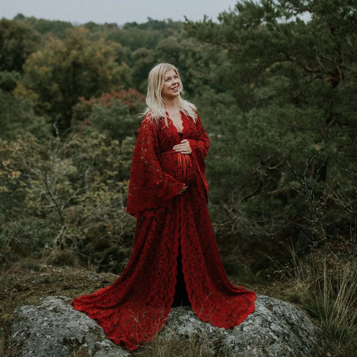 Rode kanten zwangerschapsjurk voor zwangere vrouwen oplaaien op lange mouw prom -jurk boho bruidsgewaad fotoshoot jurken