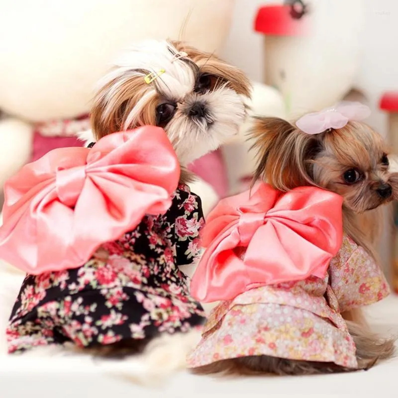 Kattdräkter hundklänning bow-knot dekor kjol blomma tryck tvåbenad bomull vacker för fest