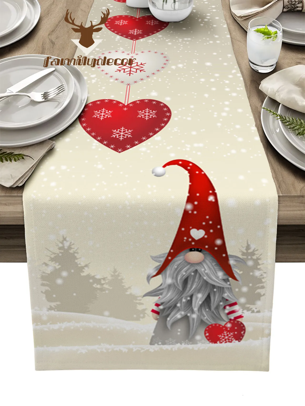 Table Runner Christmas Gnome Snowflake Love Heart Table Runner Home Wedding Table Mat Centerpieces Decoration Party Dining Long Tablecloth 230322