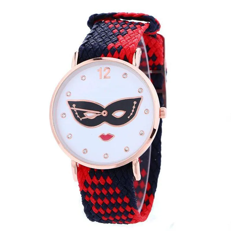 Montres-bracelets Top Tissu Tricot Tressé Ethnique Yeux Masque Montre Femmes Casual Analogique Quartz Montre-Bracelet Mode Femme Filles Adolescent Fantaisie