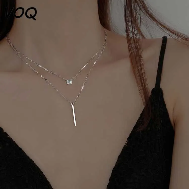 Подвесные ожерелья voq двойной слой с длинной палочкой подвесные ожерелья для женщин Микропроизводство Геометрическое ожерелье серебряного цвета серебряный цвет ювелирные изделия Z0321