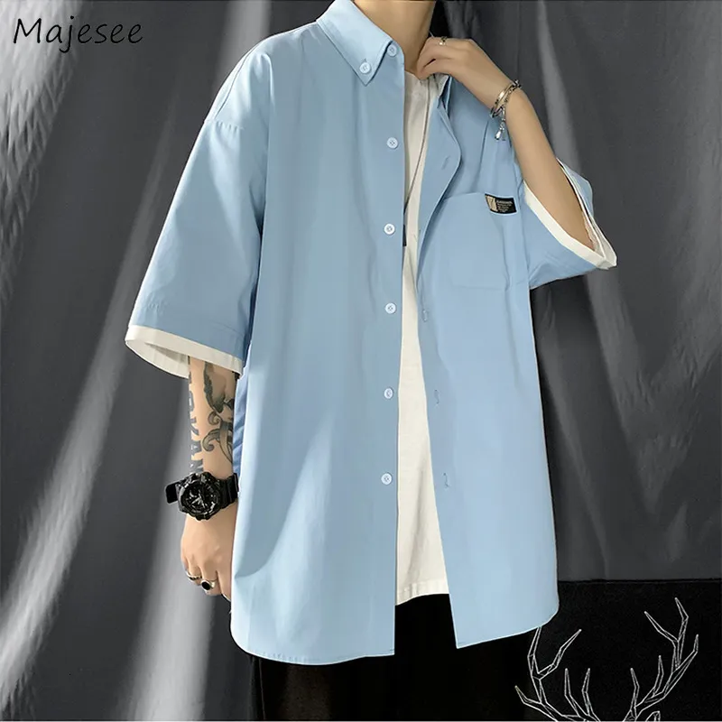 Męskie koszule swobodne koszule Mężczyźni Patchwork Fałszywe dwa sztuki plus 3xl HARAJUKU Koreańska moda luźna prosta, przystojna przystojna szyk 230322
