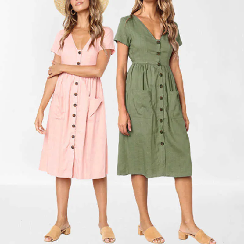 Casual Dresses Summer Short Sleeve V Neck Button Down Swing Midi Dress Women 2021 Casual Style Solid Tunic With Pocket Beach Dresses G230322