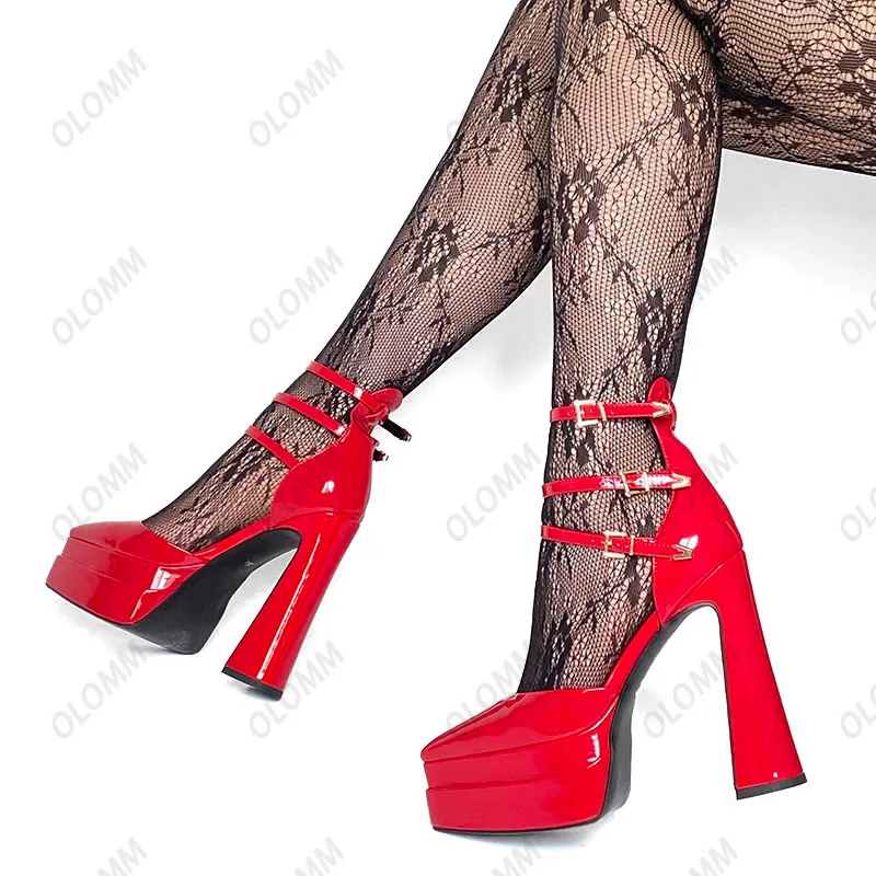 Olomm New Women Platform Pumps Patent Buckle Chunky Heels Pointed Toe Rorgeous Red Pink Night Club Shoes Women US Storlek 5-10.5