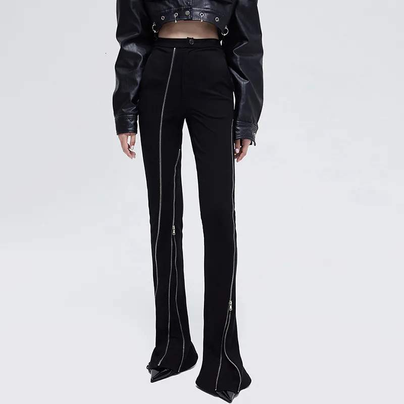 Women's Pants s Top luxury y metal zipper stylish Flare Palazzo Slim Fit Elastic Stretched Sex High Waist Trousers 230322