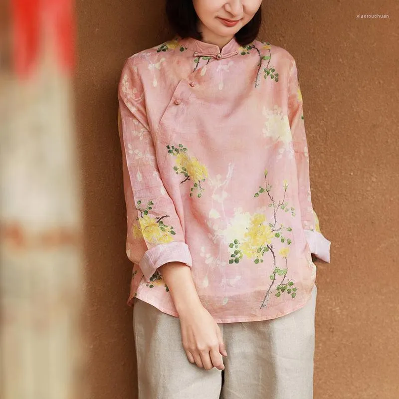 Kvinnors blusar Johnature Women Chinese Style Shirts and Tops Ramie High Quality Stand Long Sleeve 2023 Spring Button Print Floral Shirt