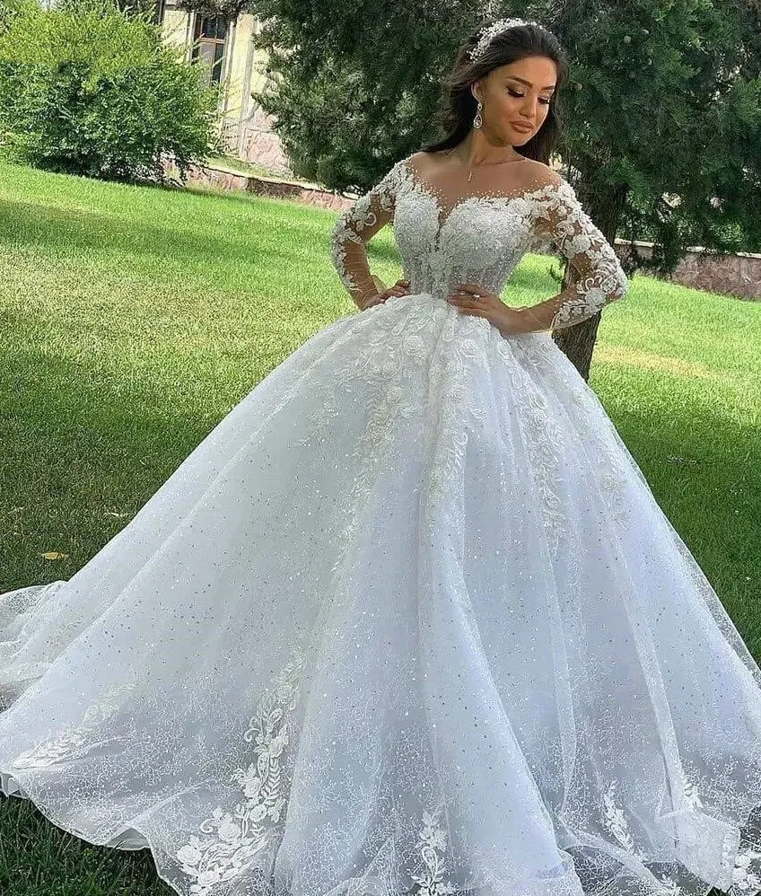 Custom Made 2023 Princess Big Ballgown Wedding Dress With Illusion O