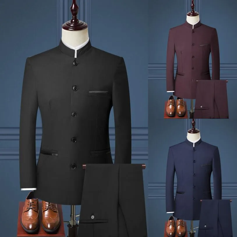 Mens Suits Set 2023 New Boutique Fashion Stand Collar Chinese Style Slim Fit Suits Two Piece Wedding Men Clothing