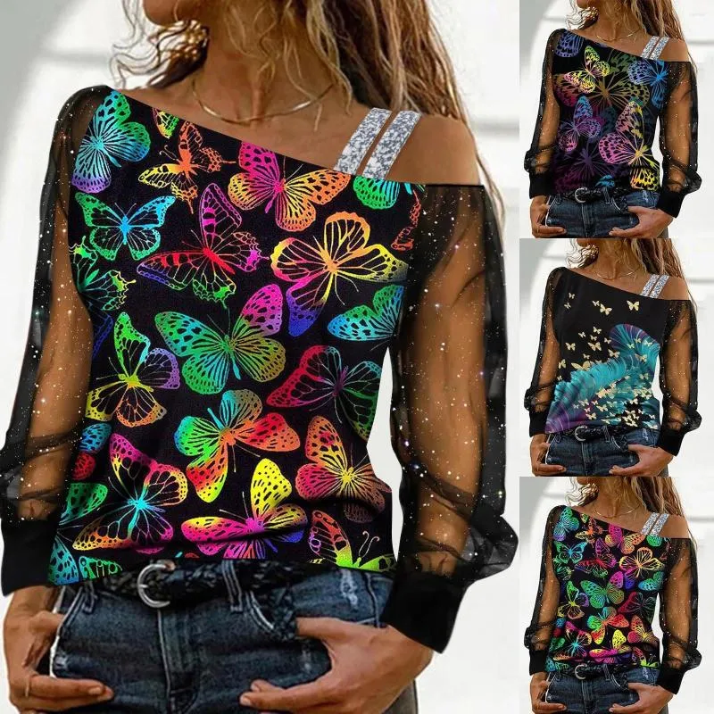 Camicette da donna Camicia e set da donna Farfalle colorate Stampa Bottoni Cuciture in pizzo Manica lunga T-shirt da donna Gonne barboncino