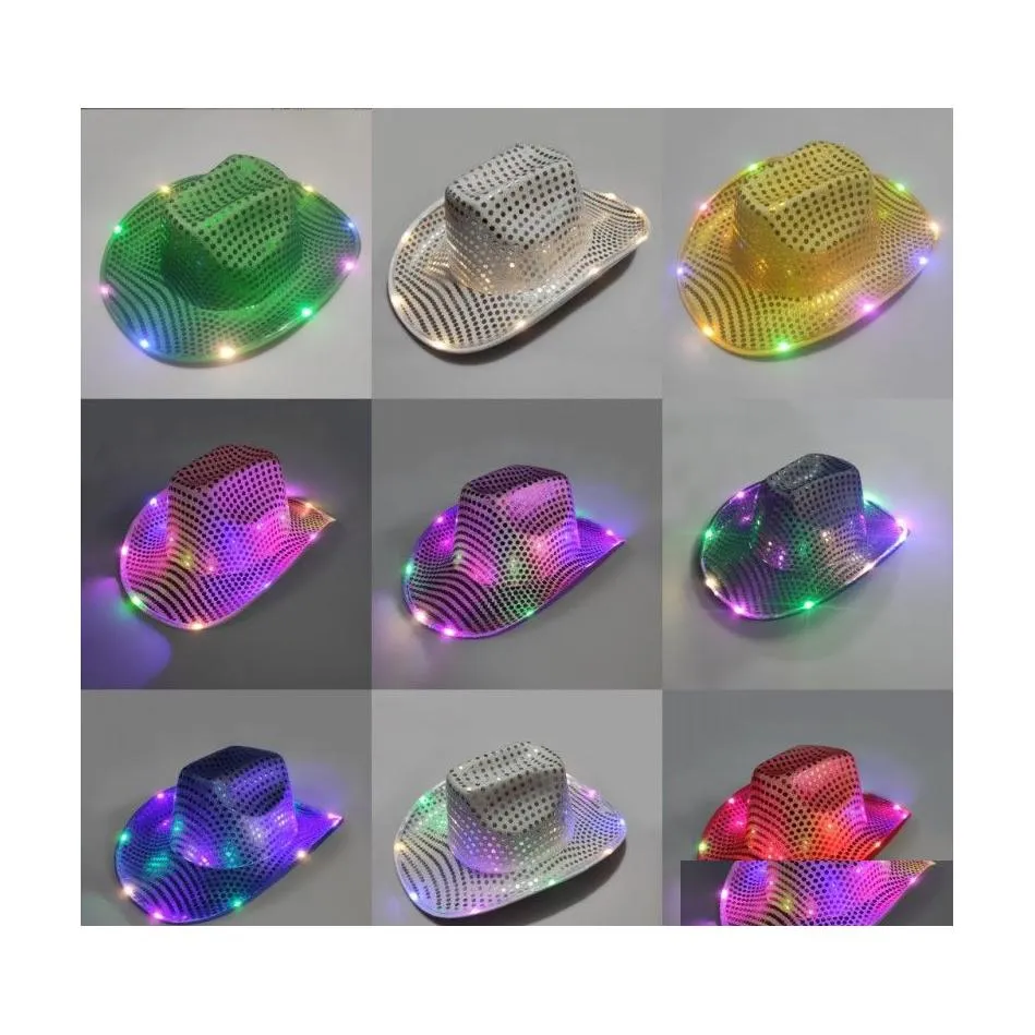 Party Hats Space Cowgirl Led Hat Flashing Light Up Sequin Cowboy Luminous Caps Halloween Costume 1507 D3 Drop Delivery Home Garden F Dhte6