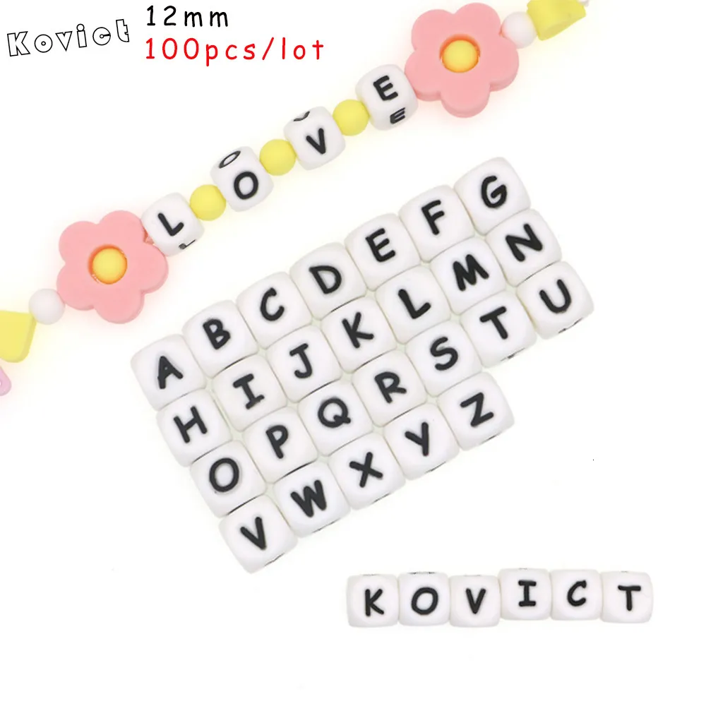 Jouets de dentition pour bébé Kovict 12mm 100Pcs Lettres en silicone Perles Alphabet anglais Anneau de dentition pour bébé pour nom personnalisé DIY Sucette Chaîne Clip Jouets 230322