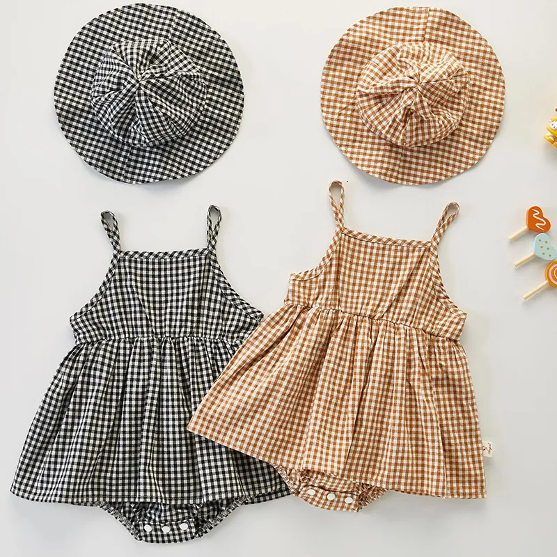 Barboteuses nées bébé filles combinaison chapeau sans manches coton Plaid enfant en bas âge bébé fille robe barboteuse bébé filles vêtements pour l'été 230322