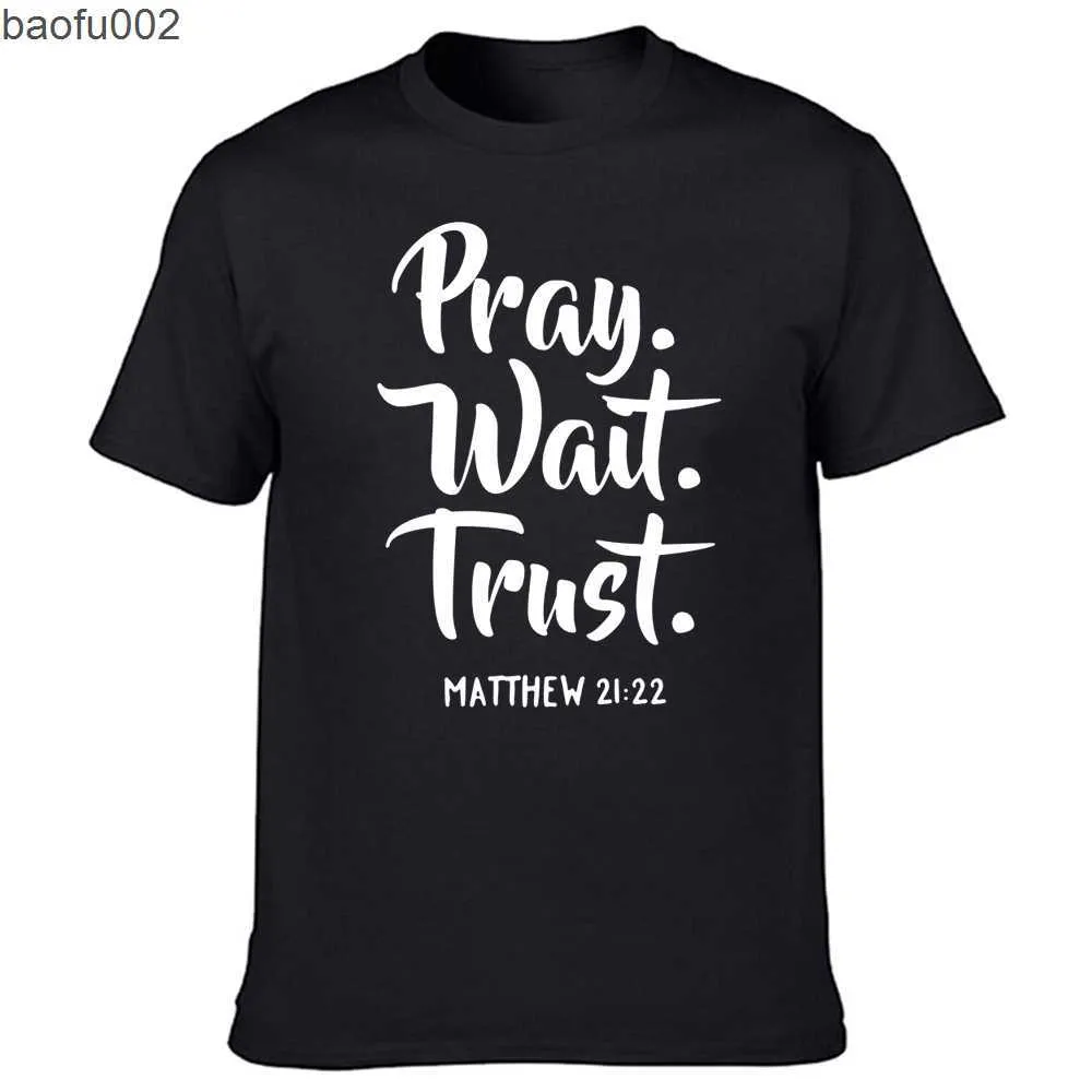 Men's T-Shirts Funny Pray Wait Trust T Shirts Graphic Cotton Streetwear Short Sleeve O-Neck Harajuku Hip Hop Christian God Religion T-shirt Men W0322