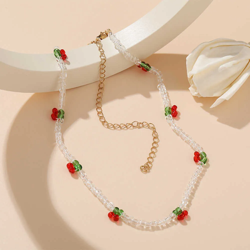 Pendant Necklaces Korean Fashion Kpop Cherry Choker Transparent Beads Fruit Women Necklace For Female Pendant Necklaces Party Jewelry Gift Set Z0321