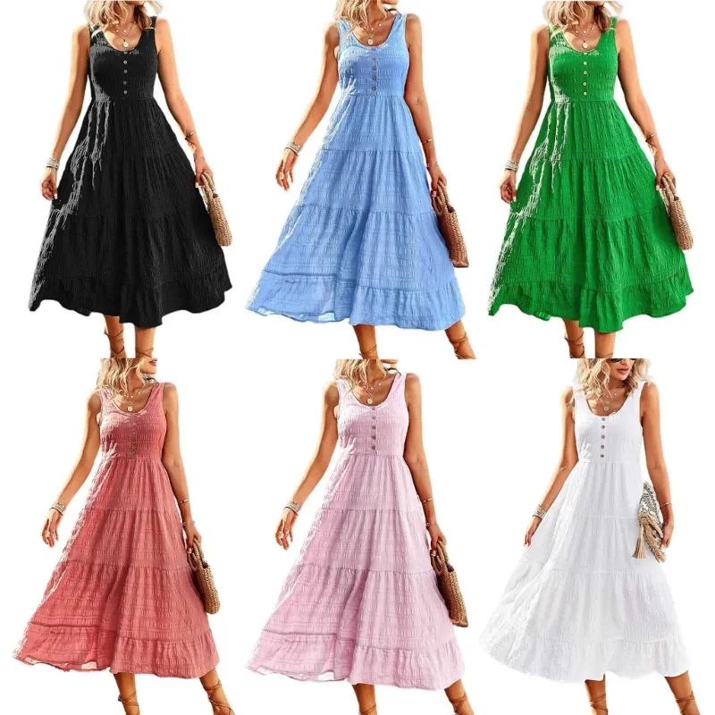Langes Sommerkleid für Damen, ärmellos, U-Ausschnitt, Empire-Taille, A-Linien-Kleid, elegantes, einfarbiges, plissiertes Kleid für die tägliche Party
