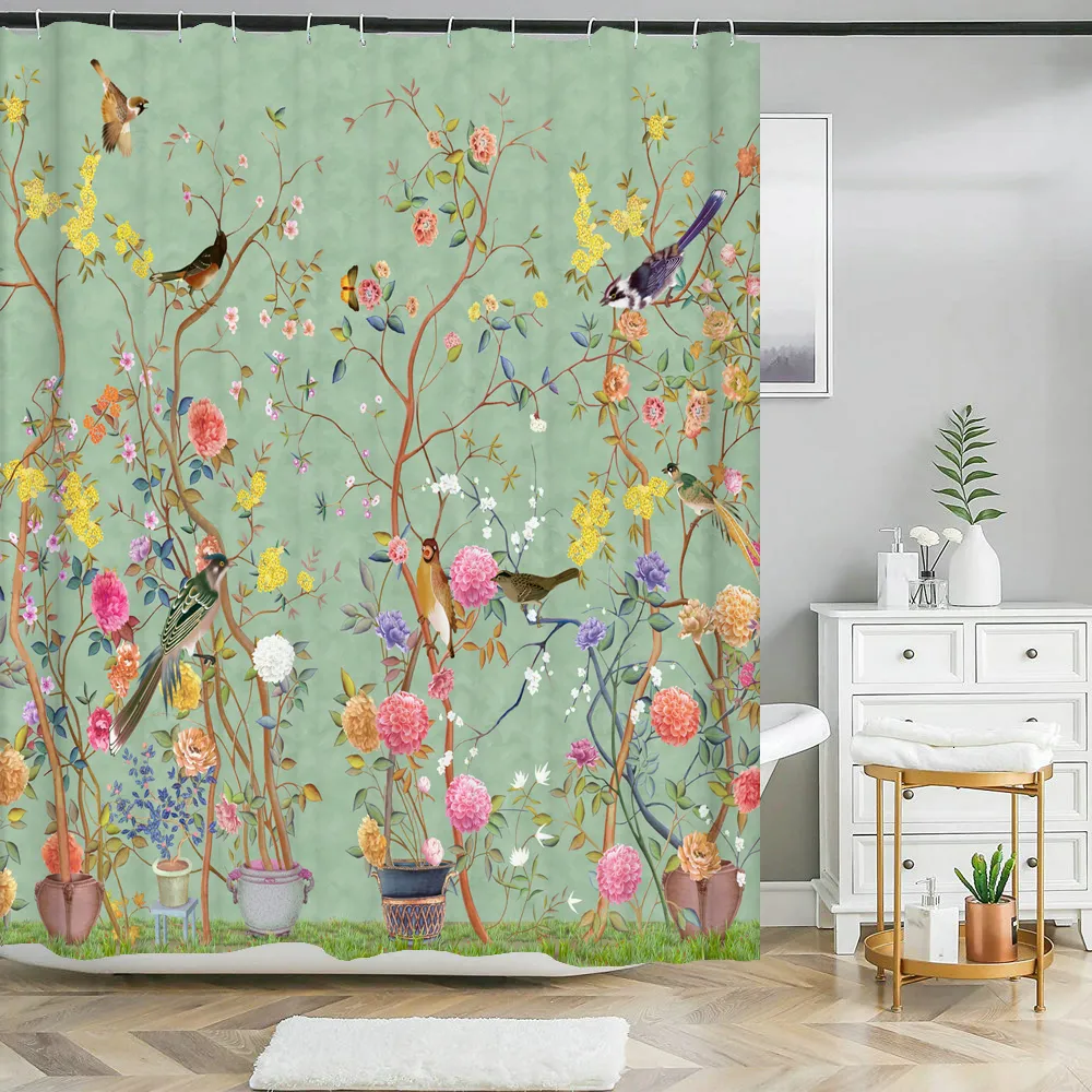 Shower Curtains Waterproof Shower Curtain For Bathroom Flowers and Birds Plants Print Bathtub Curtains Polyester Bath Curtain with Hooks 230322