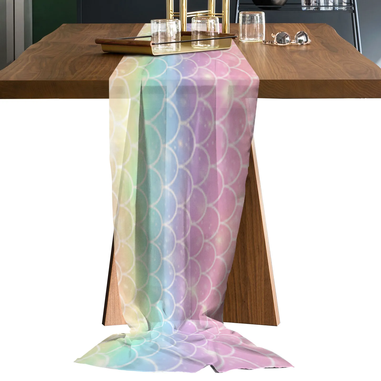 Rainbow Table Runner Mermaid Scales Ocean Rainbow Sheer Chiffon Rainbow  Table Runner Country Wedding Party Birthday Tulle Voile Table Cloth Home  Decoration 230322 From Kong08, $16.4