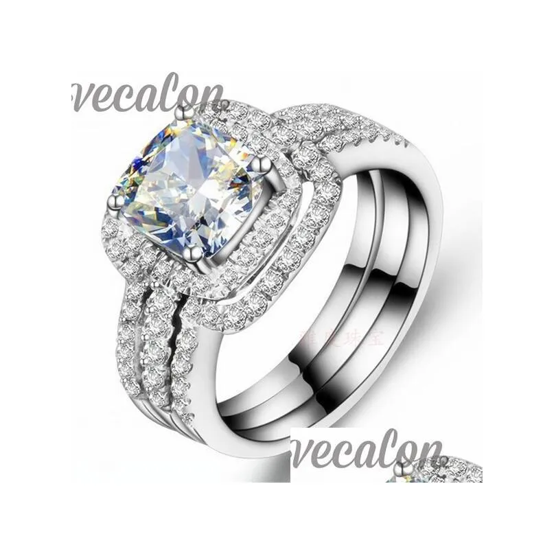 Rings Vecalon Fashion Ring Cushion Cut 3Ct Cz Diamond 3In1 Band Set For Women 10Kt White Gold Filled Engagement Drop Deliver Dhjkm