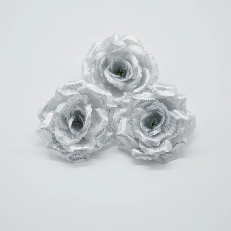 Couronnes de fleurs décoratives Yoshiko 8 cm argent tête de fleur de rose artificielle pour la décoration de mariage cadeau de la Saint-Valentin bricolage ours faux Flores