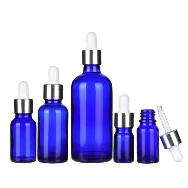 Packing Empty Blue Glass Bottles with Dropper Round Shoulder Refillable Packaging Container 5-100ml