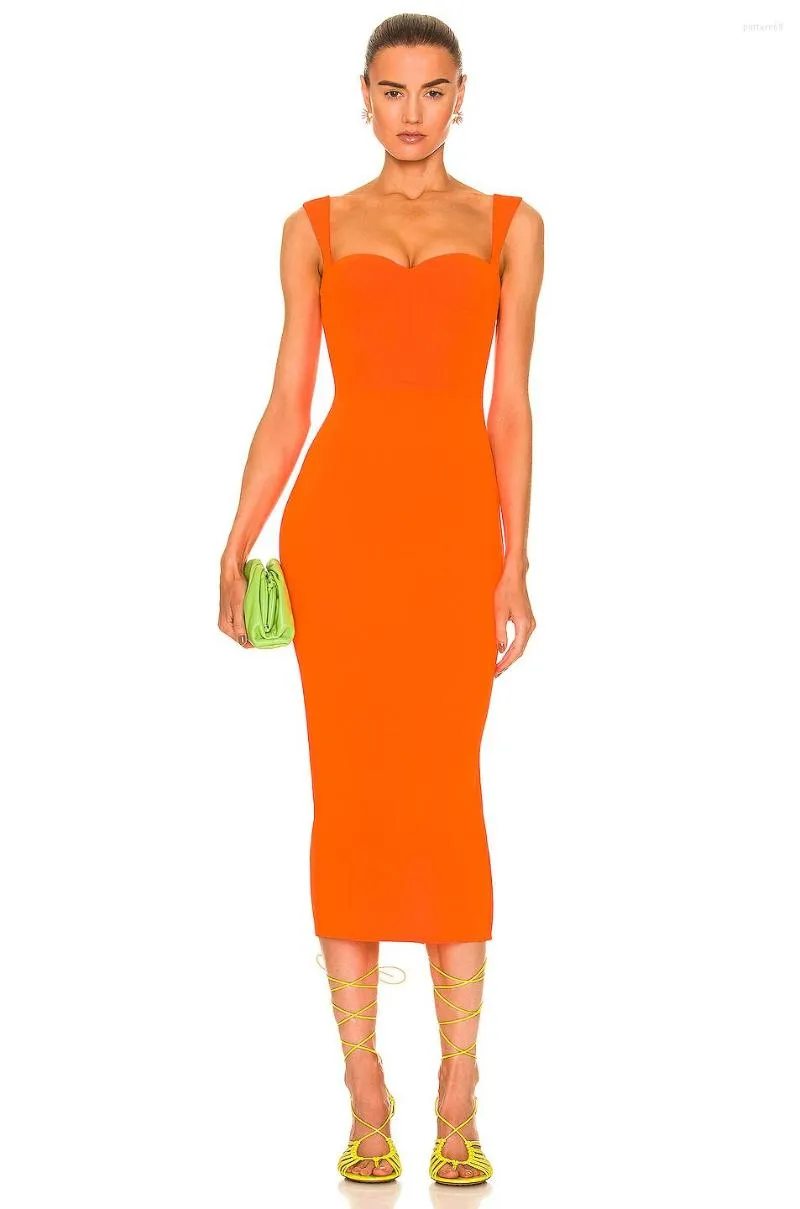 Casual Dresses Summer Orange Color Fashion's Sexy Spaghetti Strap Package Hips Mid-Calf Dress Celebrte Evening Party High Quality