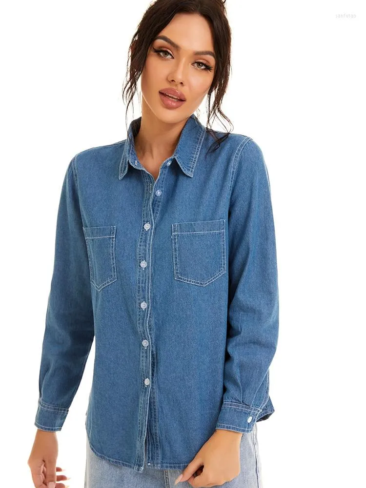 Dames blouses dames denim shirt blouse veer lange mouw jeans vrouwelijke katoen losse Koreaanse mode knop omlaag bovenaan blauwe camisas