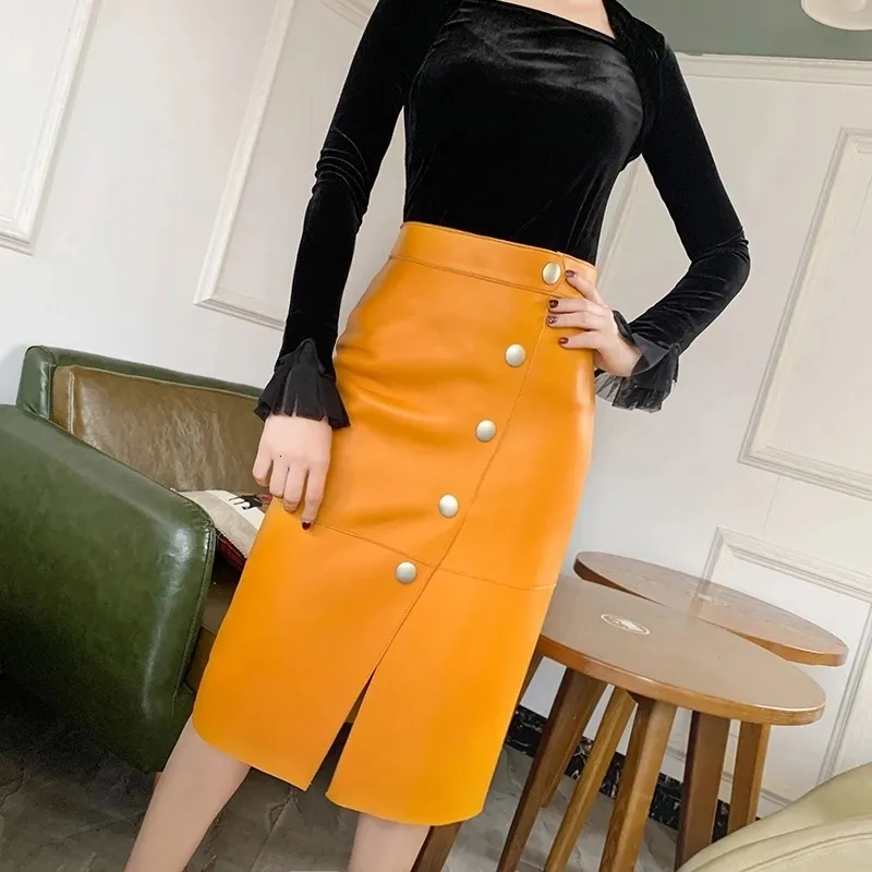 High waisted yellow leather skirt deals