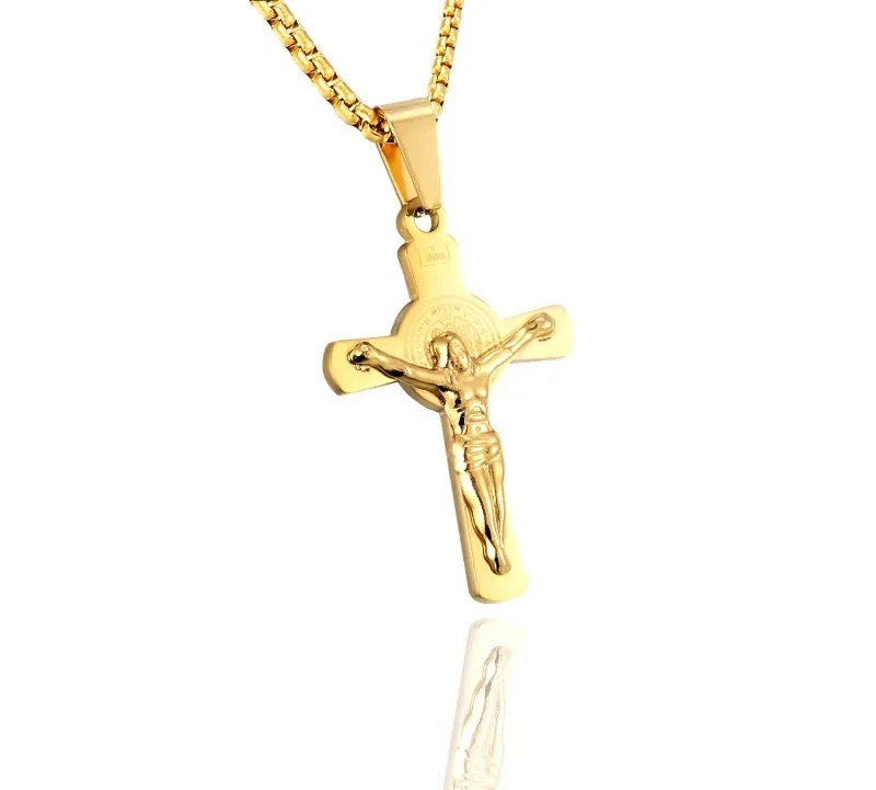 Gold Antique Jesus Necklace Men's Stainless Steel Pendant with Chain Cross Crucifix Bible Prayer Christian Jewelry