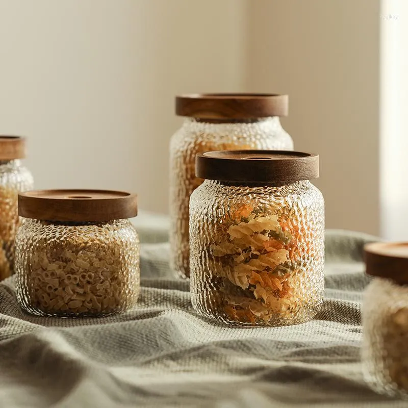 Bottiglie di stoccaggio Lattina di vetro con coperchio in legno di acacia Barattoli sigillati da cucina per cereali / chicchi di caffè / contenitore trasparente per la casa del tè