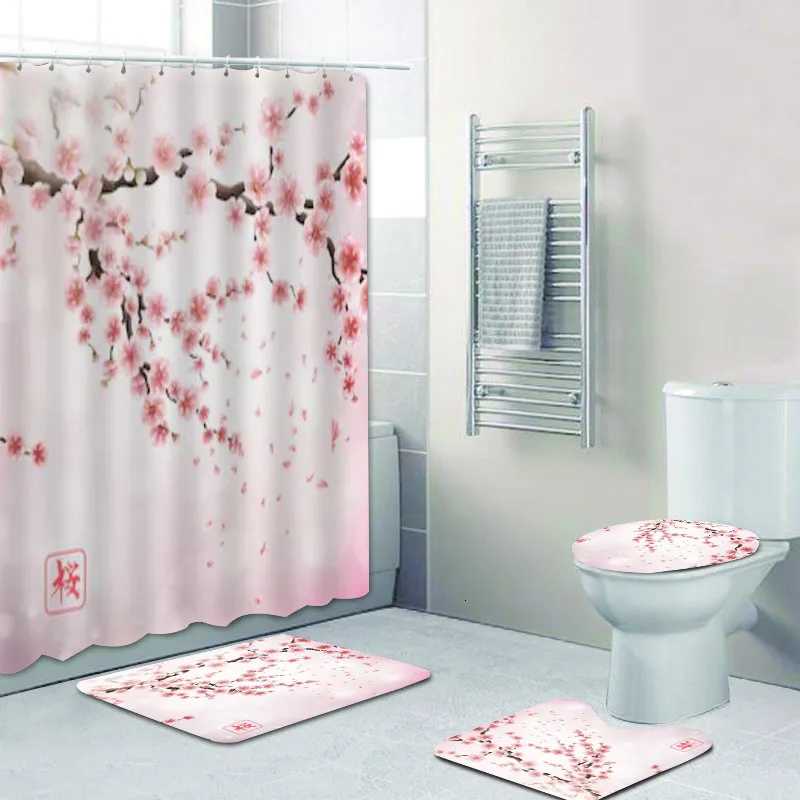シャワーカーテンシックな花柄のピンクの桜のシャワーカーテンセットバスルームチェリーサクラフラワーズブランチバスカーテンマットラグセットホーム装飾230322